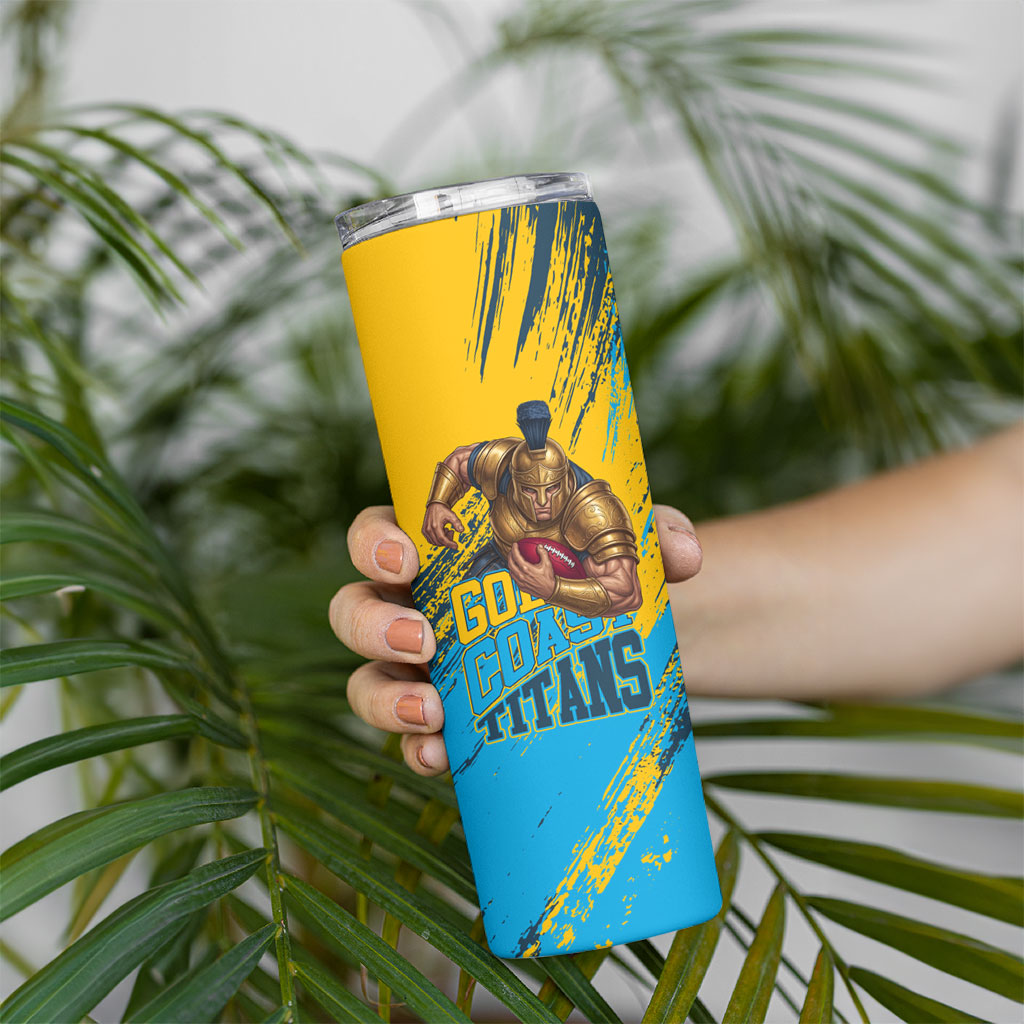 Personalised Gold Coast Titans Rugby Skinny Tumbler Muscular Titan Mascot City Skyline Graphic
