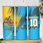 Personalised Gold Coast Titans Rugby Skinny Tumbler Muscular Titan Mascot City Skyline Graphic