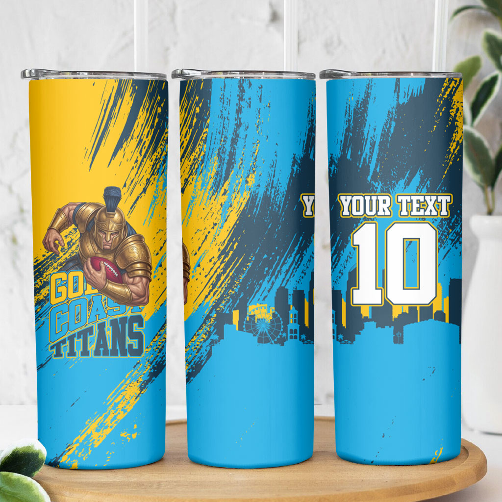 Personalised Gold Coast Titans Rugby Skinny Tumbler Muscular Titan Mascot City Skyline Graphic