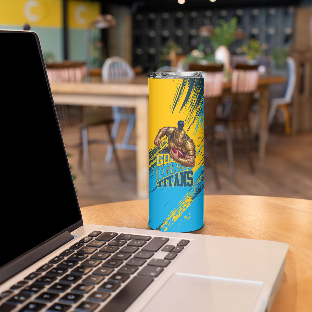 Personalised Gold Coast Titans Rugby Skinny Tumbler Muscular Titan Mascot City Skyline Graphic