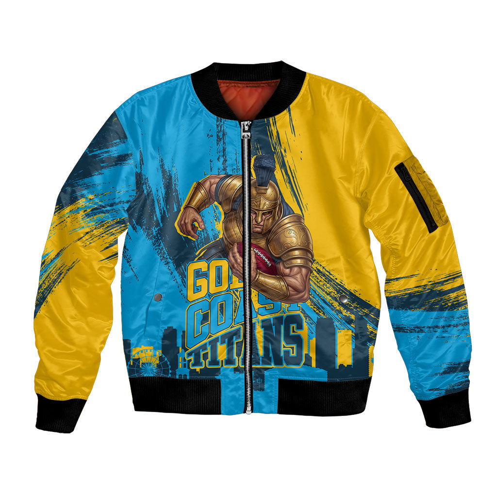 Personalised Gold Coast Titans Rugby Sleeve Zip Bomber Jacket Muscular Titan Mascot City Skyline Graphic
