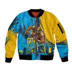 Personalised Gold Coast Titans Rugby Sleeve Zip Bomber Jacket Muscular Titan Mascot City Skyline Graphic
