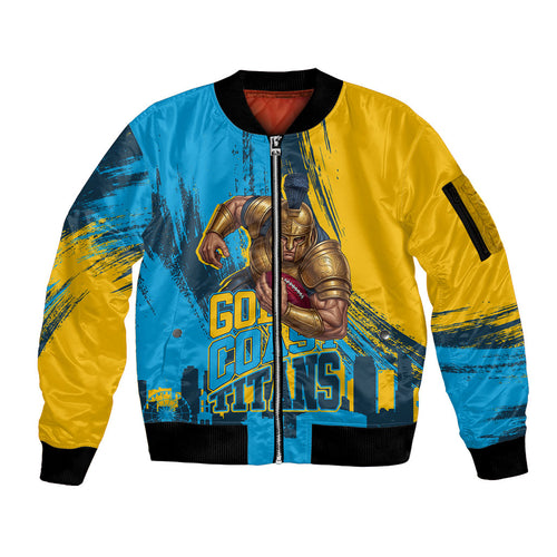 Personalised Gold Coast Titans Rugby Sleeve Zip Bomber Jacket Muscular Titan Mascot City Skyline Graphic