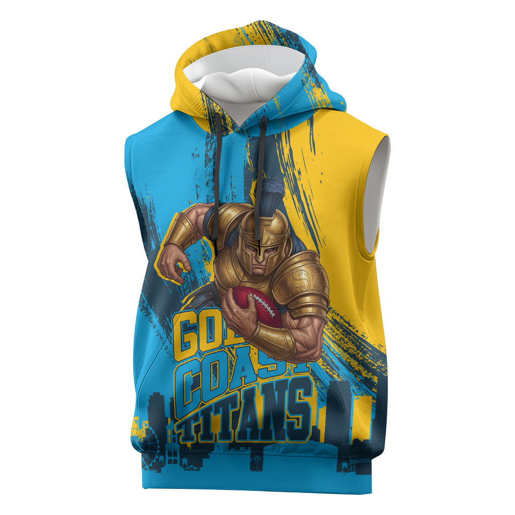 Personalised Gold Coast Titans Rugby Sleeveless Hoodie Muscular Titan Mascot City Skyline Graphic