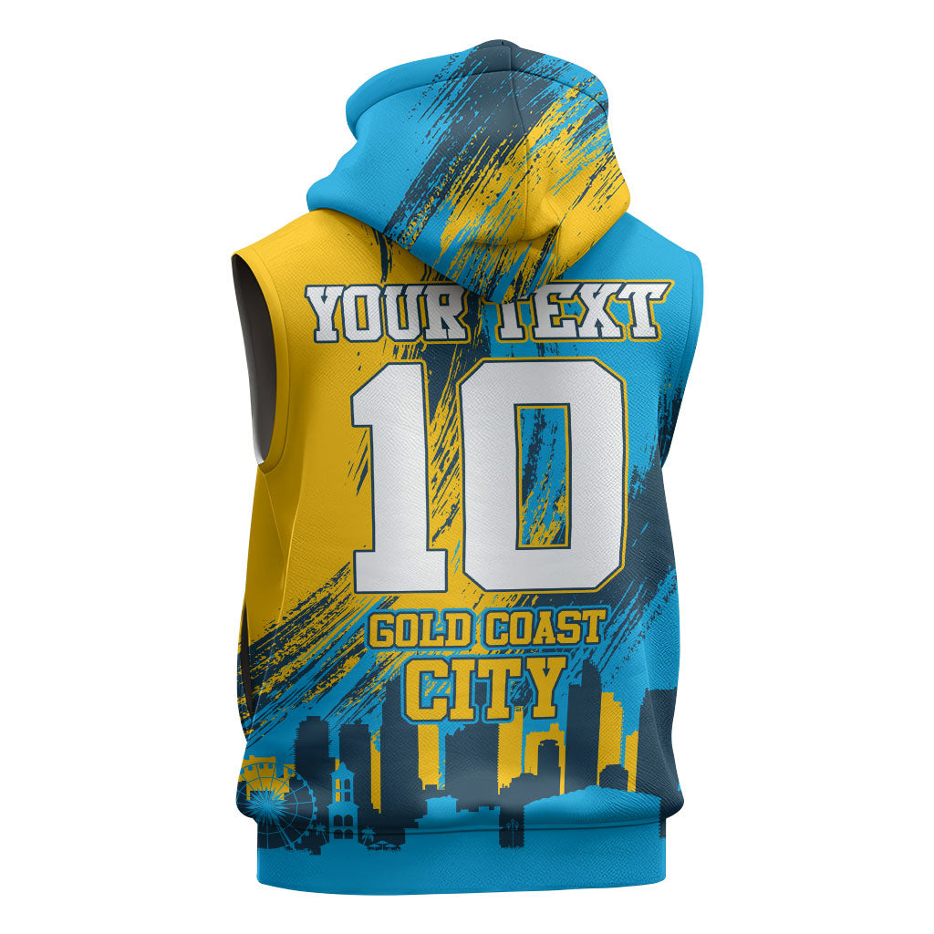 Personalised Gold Coast Titans Rugby Sleeveless Hoodie Muscular Titan Mascot City Skyline Graphic