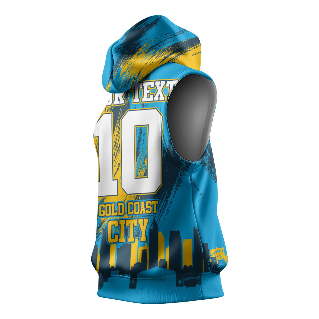 Personalised Gold Coast Titans Rugby Sleeveless Hoodie Muscular Titan Mascot City Skyline Graphic