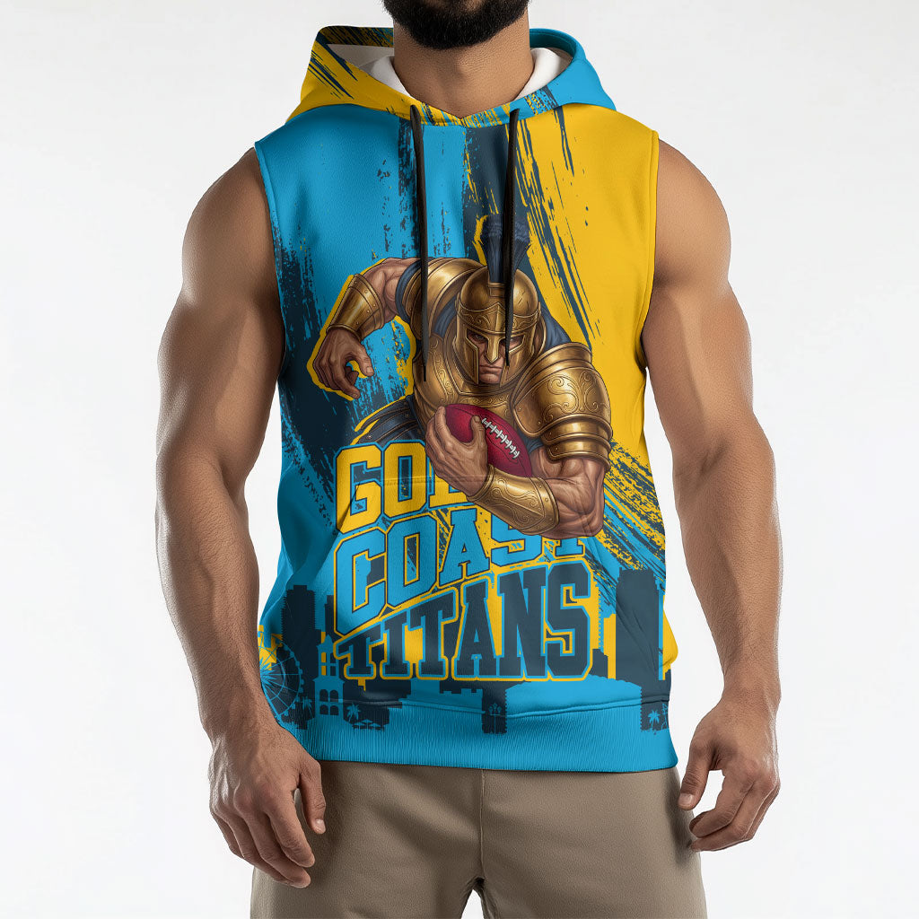 Personalised Gold Coast Titans Rugby Sleeveless Hoodie Muscular Titan Mascot City Skyline Graphic