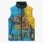 Personalised Gold Coast Titans Rugby Sleeveless Puffer Jacket Muscular Titan Mascot City Skyline Graphic