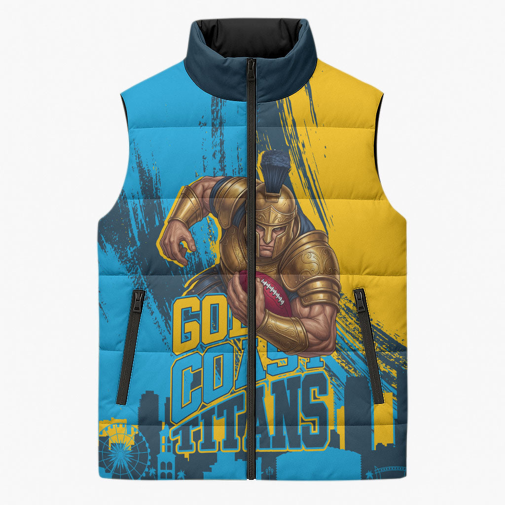 Personalised Gold Coast Titans Rugby Sleeveless Puffer Jacket Muscular Titan Mascot City Skyline Graphic