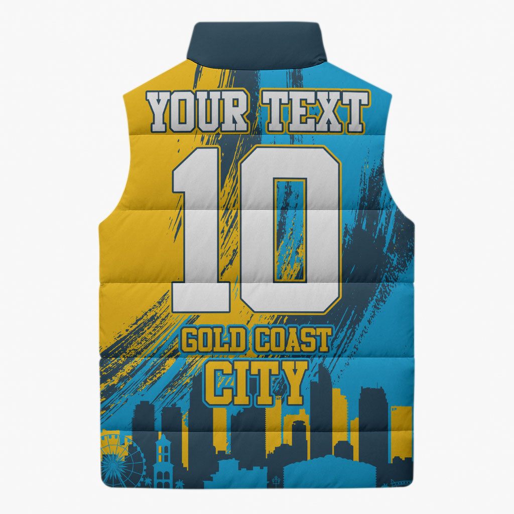 Personalised Gold Coast Titans Rugby Sleeveless Puffer Jacket Muscular Titan Mascot City Skyline Graphic