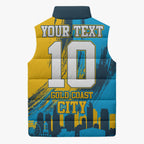 Personalised Gold Coast Titans Rugby Sleeveless Puffer Jacket Muscular Titan Mascot City Skyline Graphic