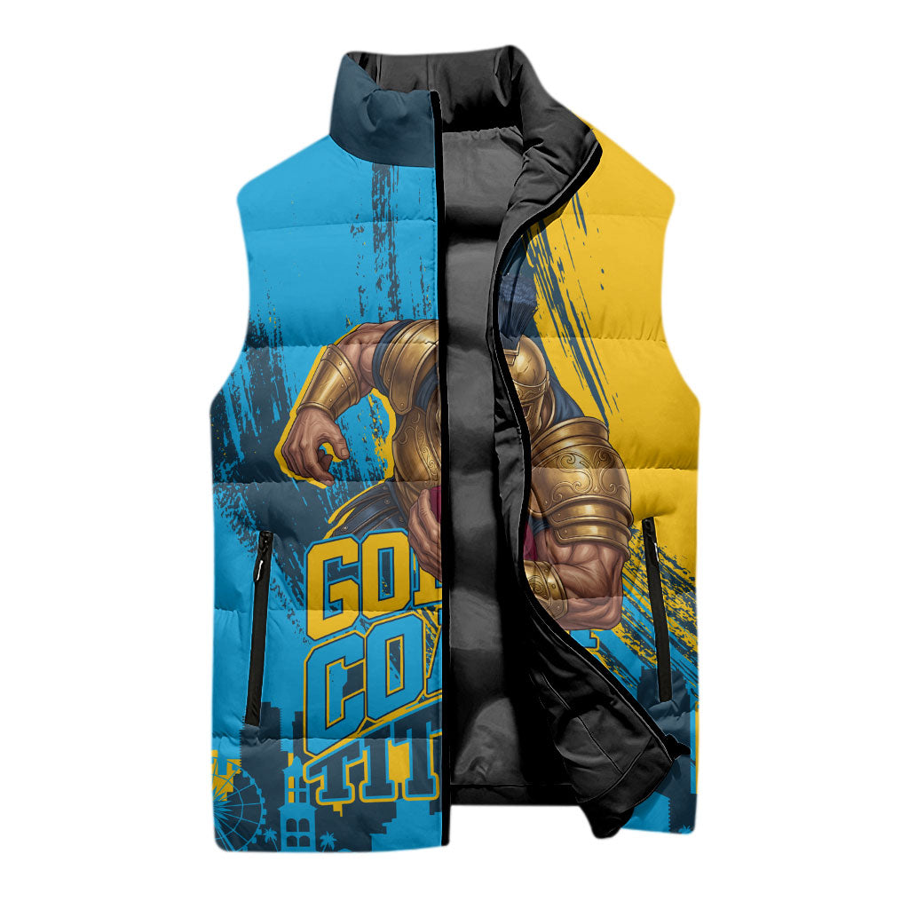 Personalised Gold Coast Titans Rugby Sleeveless Puffer Jacket Muscular Titan Mascot City Skyline Graphic