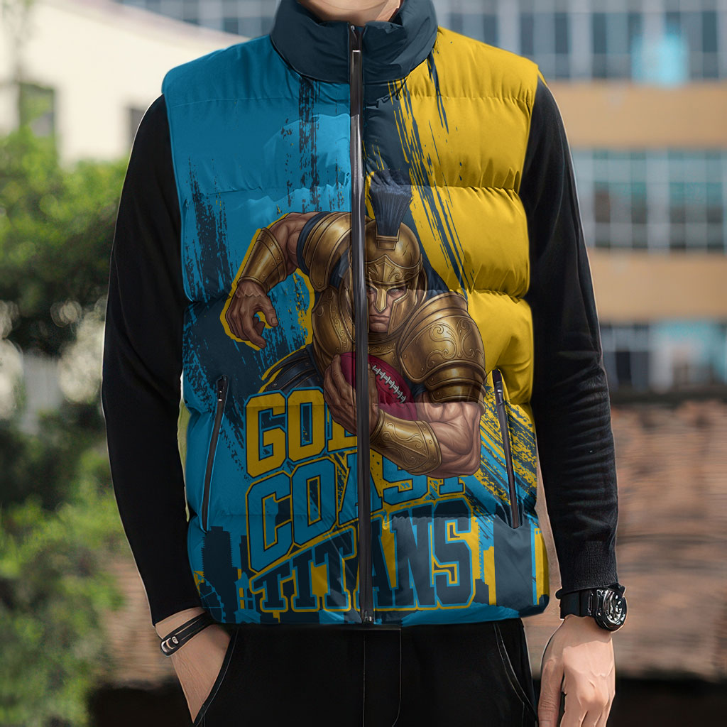 Personalised Gold Coast Titans Rugby Sleeveless Puffer Jacket Muscular Titan Mascot City Skyline Graphic