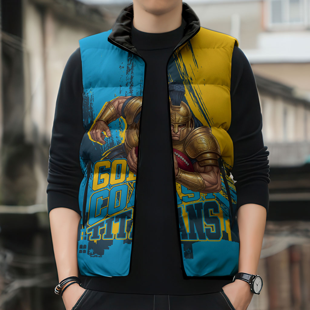 Personalised Gold Coast Titans Rugby Sleeveless Puffer Jacket Muscular Titan Mascot City Skyline Graphic