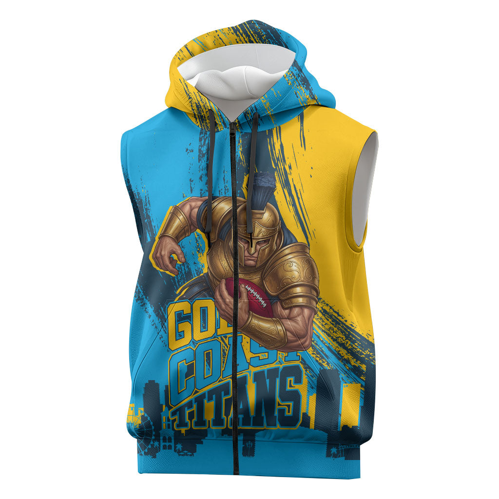 Personalised Gold Coast Titans Rugby Sleeveless Zip Hoodie Muscular Titan Mascot City Skyline Graphic