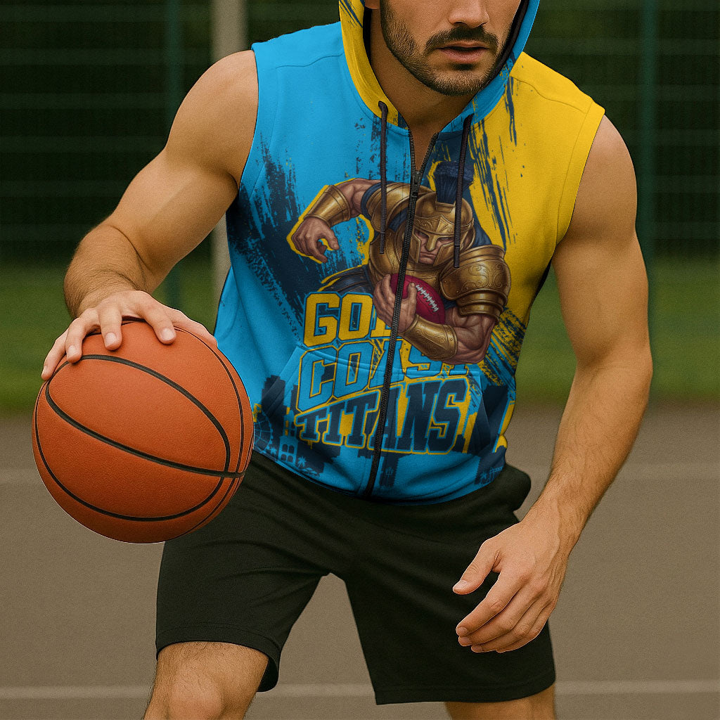 Personalised Gold Coast Titans Rugby Sleeveless Zip Hoodie Muscular Titan Mascot City Skyline Graphic