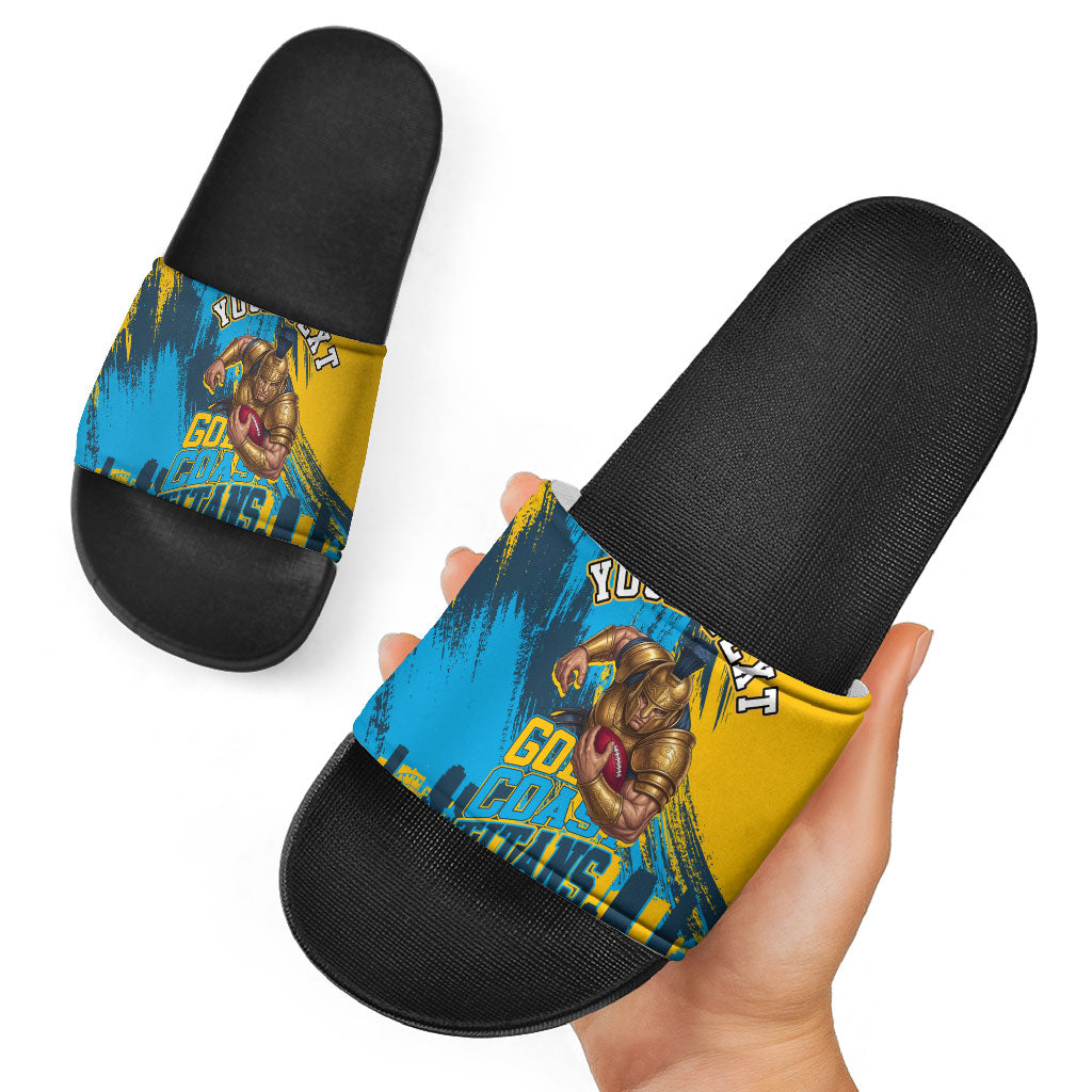 Personalised Gold Coast Titans Rugby Slide Sandals Muscular Titan Mascot City Skyline Graphic