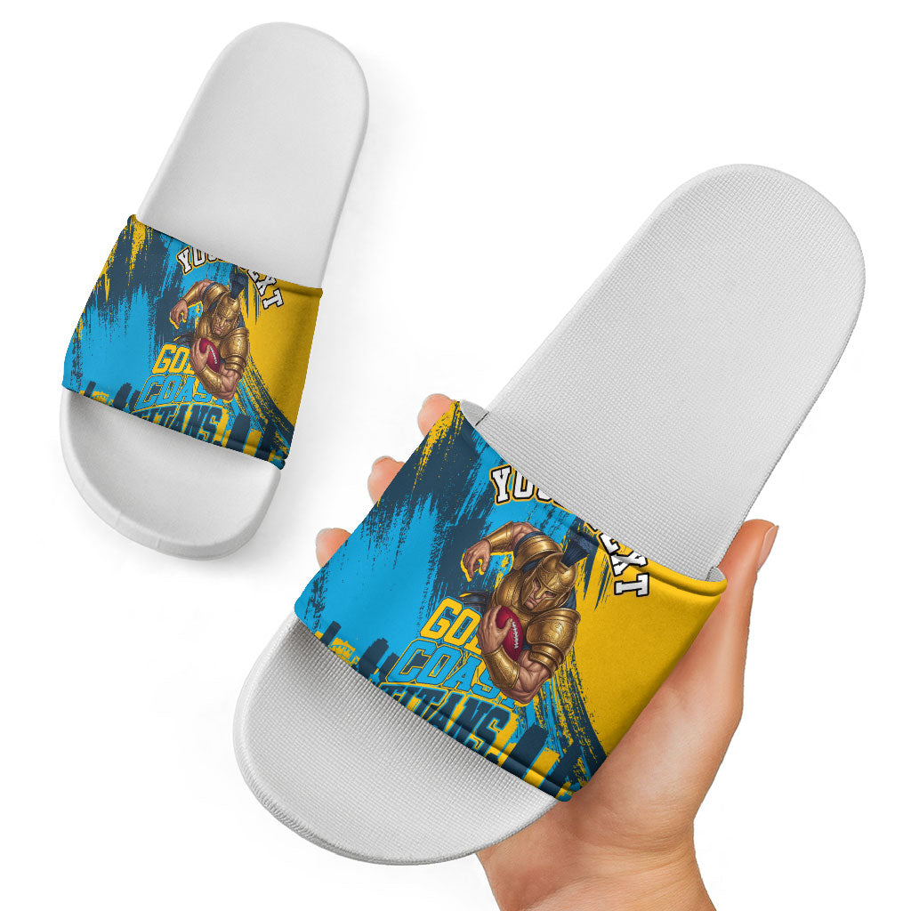 Personalised Gold Coast Titans Rugby Slide Sandals Muscular Titan Mascot City Skyline Graphic