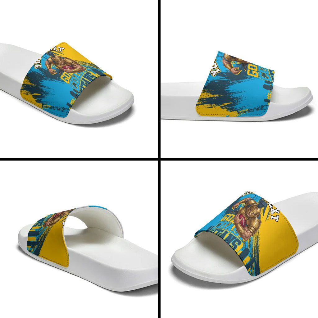 Personalised Gold Coast Titans Rugby Slide Sandals Muscular Titan Mascot City Skyline Graphic