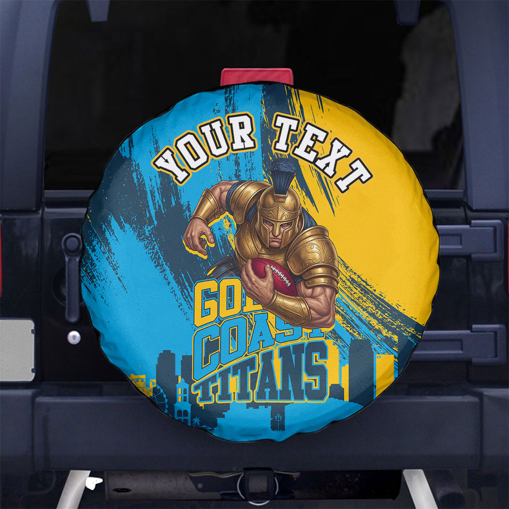 Personalised Gold Coast Titans Rugby Spare Tire Cover Muscular Titan Mascot City Skyline Graphic