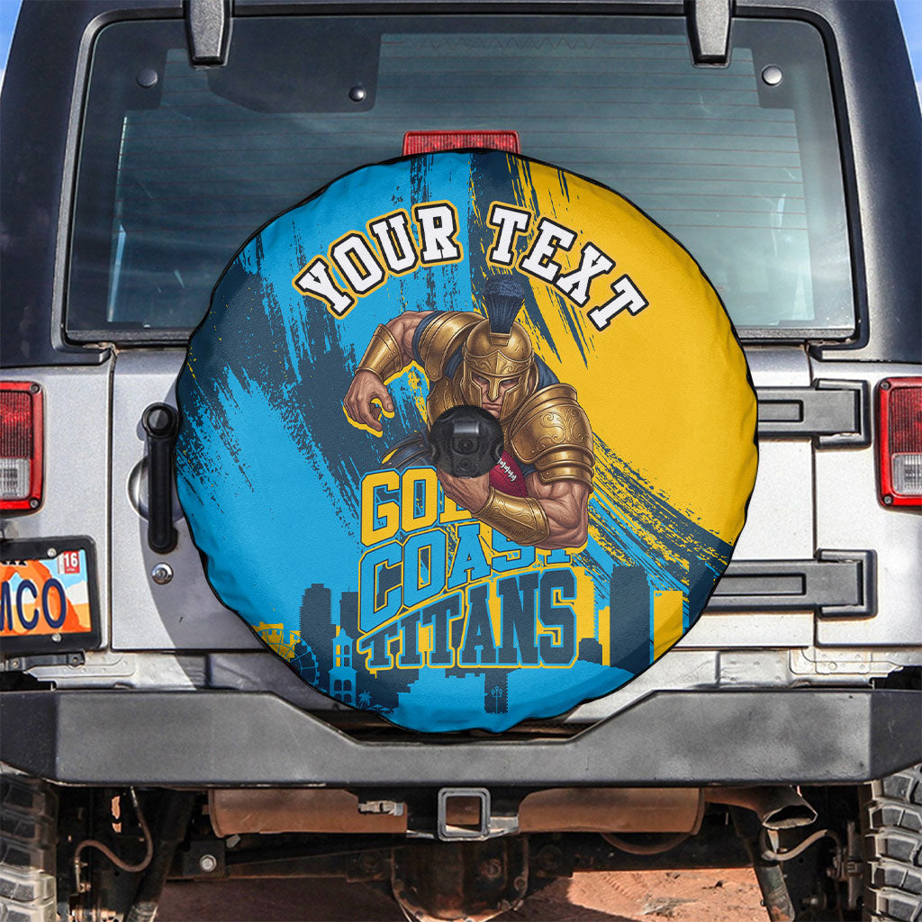 Personalised Gold Coast Titans Rugby Spare Tire Cover Muscular Titan Mascot City Skyline Graphic