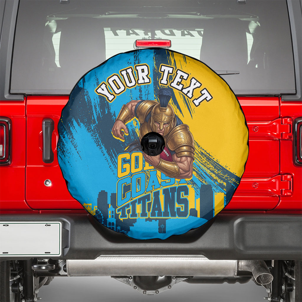 Personalised Gold Coast Titans Rugby Spare Tire Cover Muscular Titan Mascot City Skyline Graphic