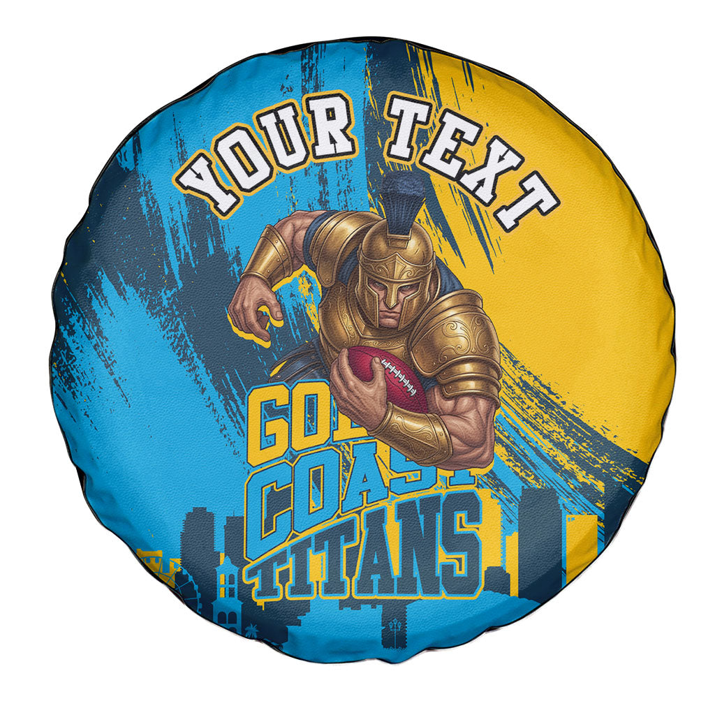 Personalised Gold Coast Titans Rugby Spare Tire Cover Muscular Titan Mascot City Skyline Graphic