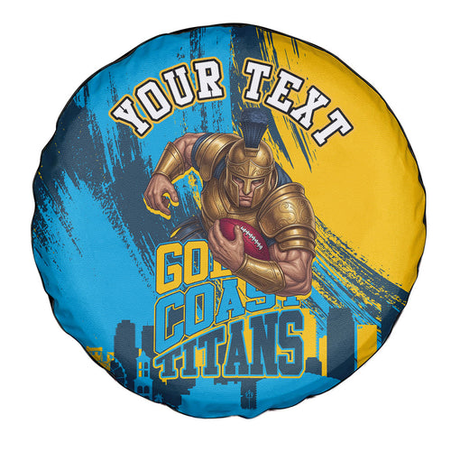 Personalised Gold Coast Titans Rugby Spare Tire Cover Muscular Titan Mascot City Skyline Graphic