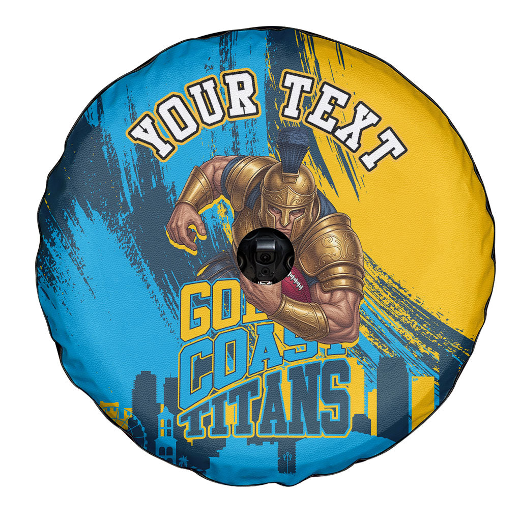 Personalised Gold Coast Titans Rugby Spare Tire Cover Muscular Titan Mascot City Skyline Graphic