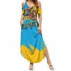 Personalised Gold Coast Titans Rugby Summer Maxi Dress Muscular Titan Mascot City Skyline Graphic