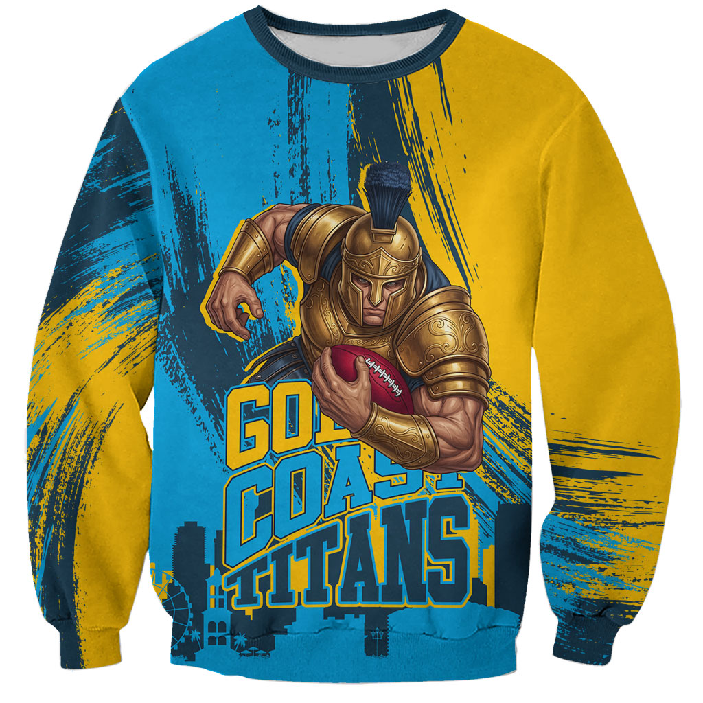 Personalised Gold Coast Titans Rugby Sweatshirt Muscular Titan Mascot City Skyline Graphic