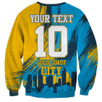 Personalised Gold Coast Titans Rugby Sweatshirt Muscular Titan Mascot City Skyline Graphic