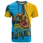 Personalised Gold Coast Titans Rugby T Shirt Muscular Titan Mascot City Skyline Graphic