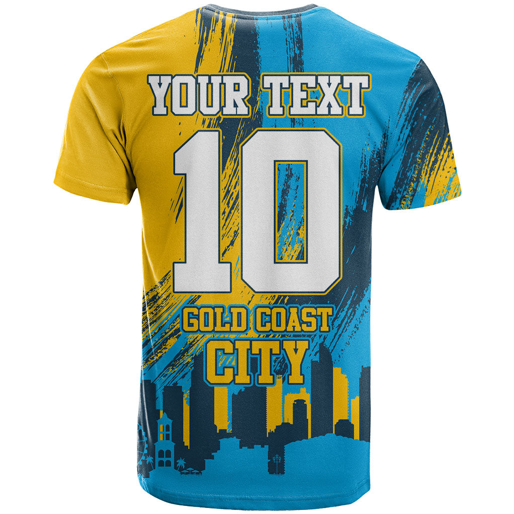 Personalised Gold Coast Titans Rugby T Shirt Muscular Titan Mascot City Skyline Graphic