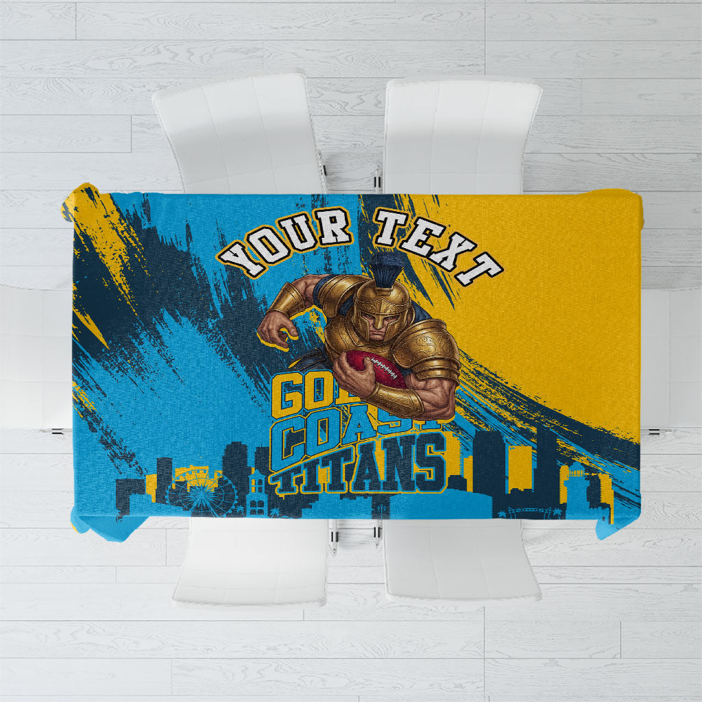 Personalised Gold Coast Titans Rugby Tablecloth Muscular Titan Mascot City Skyline Graphic