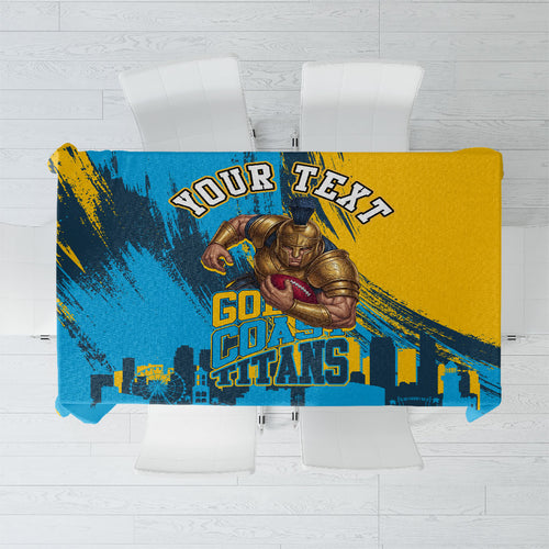 Personalised Gold Coast Titans Rugby Tablecloth Muscular Titan Mascot City Skyline Graphic