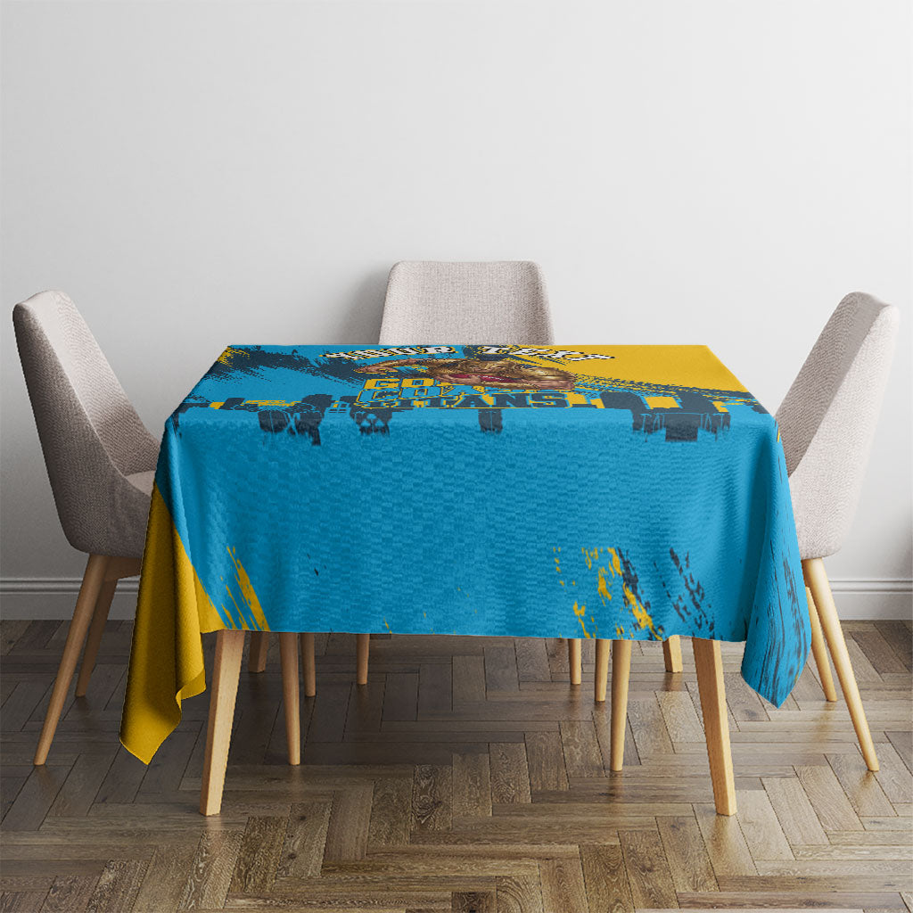 Personalised Gold Coast Titans Rugby Tablecloth Muscular Titan Mascot City Skyline Graphic