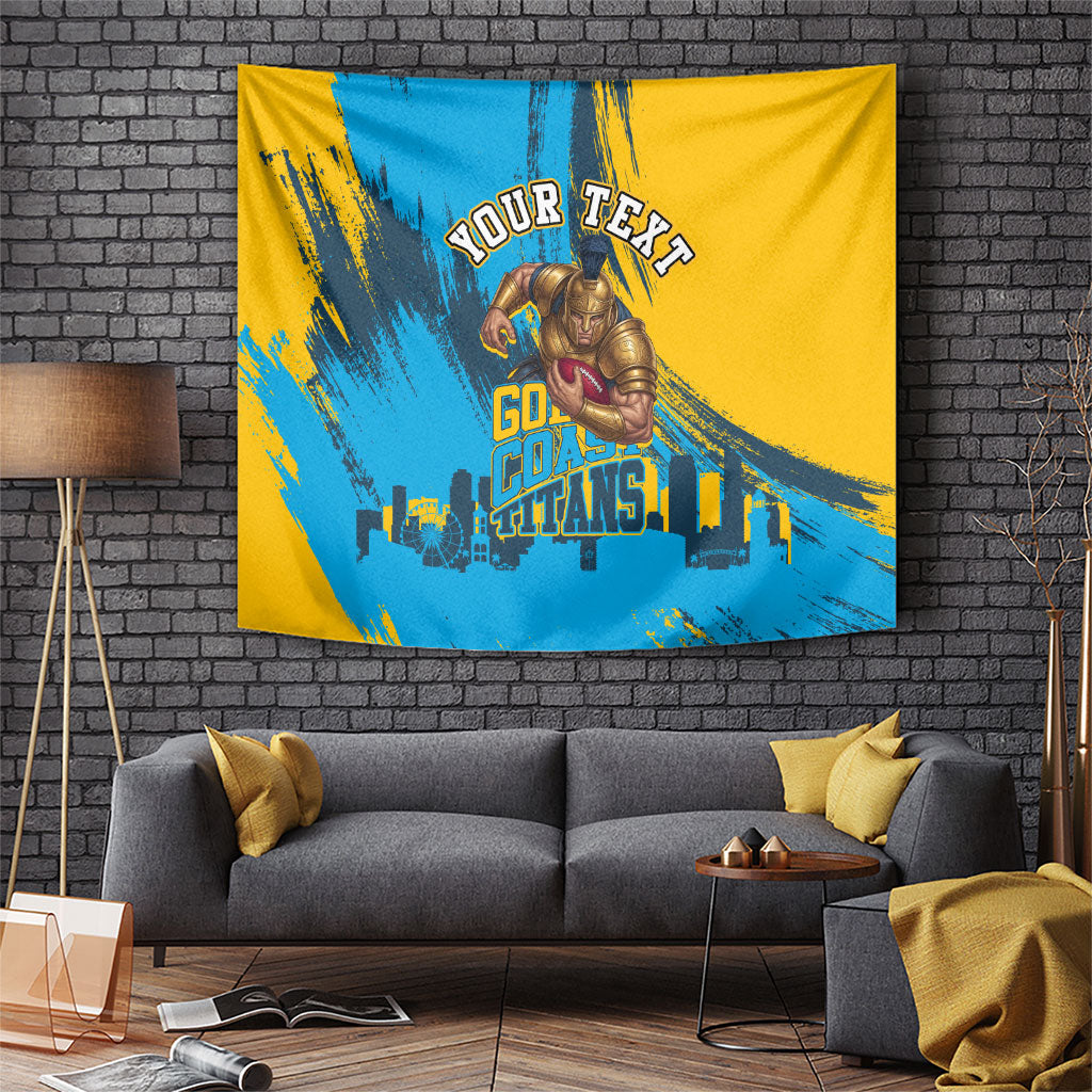 Personalised Gold Coast Titans Rugby Tapestry Muscular Titan Mascot City Skyline Graphic