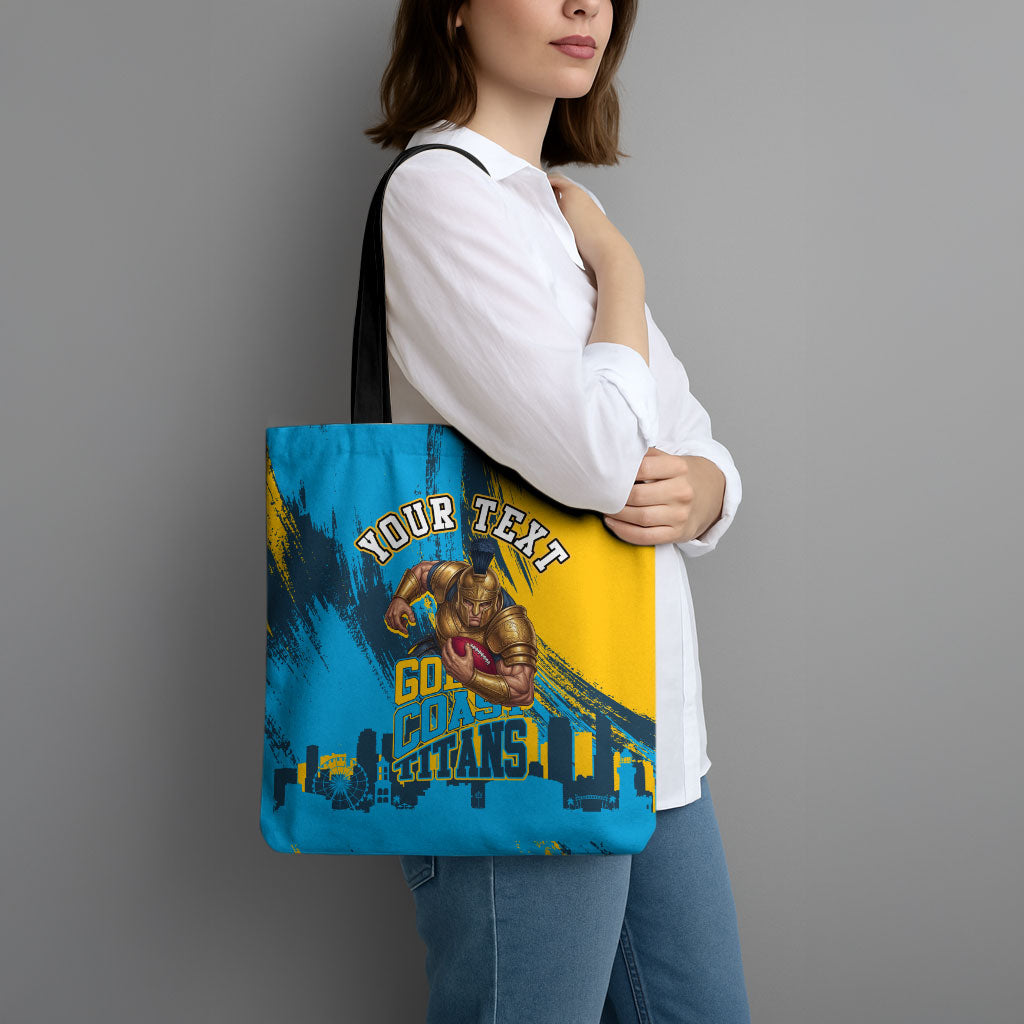 Personalised Gold Coast Titans Rugby Tote Bag Muscular Titan Mascot City Skyline Graphic