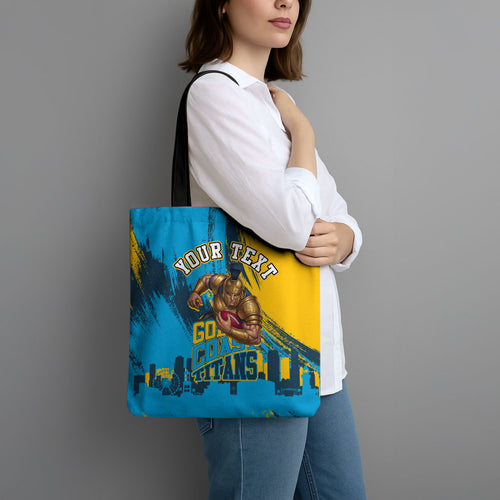 Personalised Gold Coast Titans Rugby Tote Bag Muscular Titan Mascot City Skyline Graphic