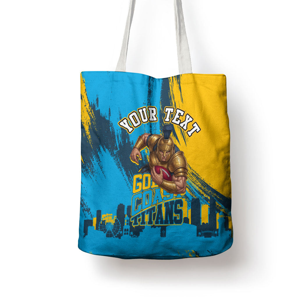 Personalised Gold Coast Titans Rugby Tote Bag Muscular Titan Mascot City Skyline Graphic