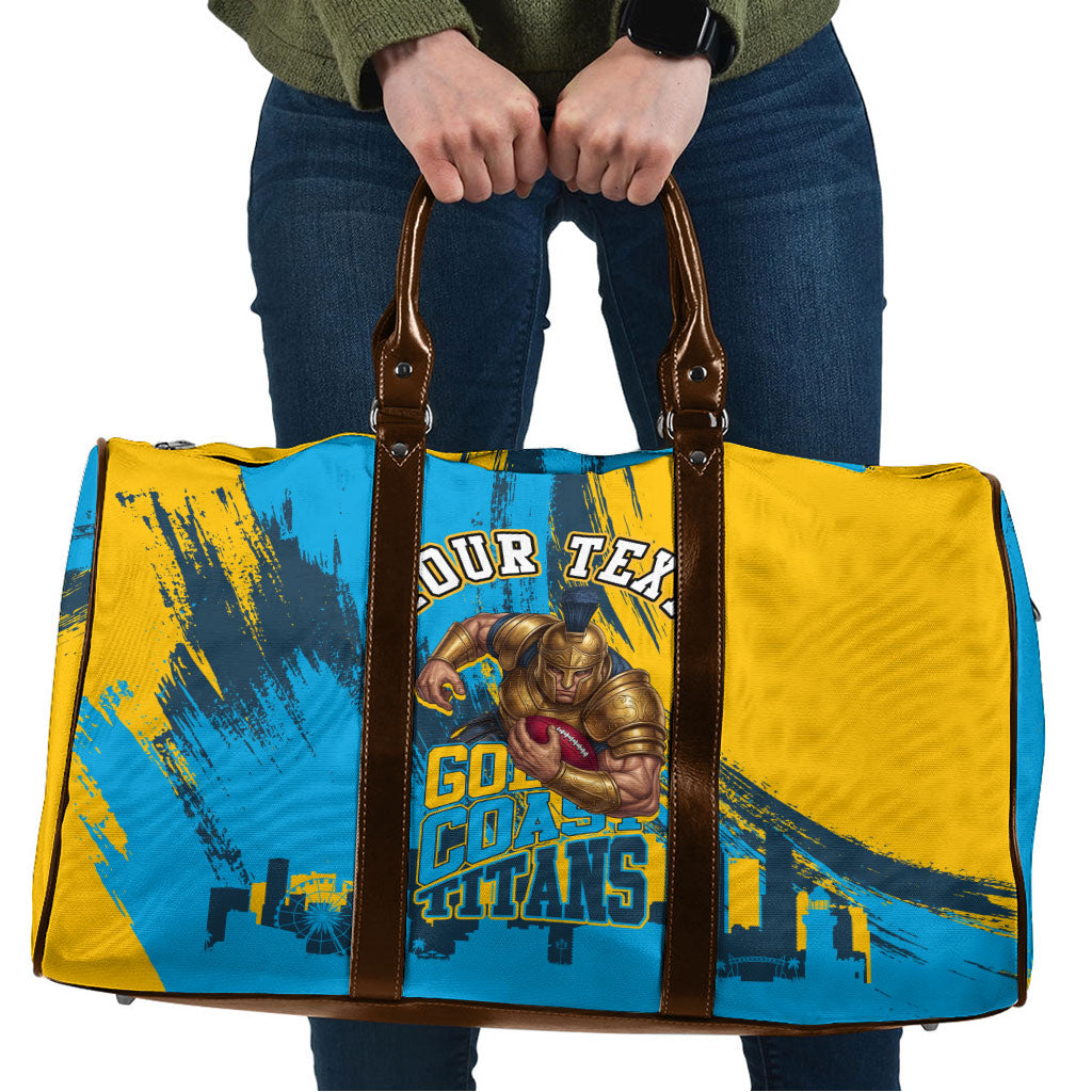 Personalised Gold Coast Titans Rugby Travel Bag Muscular Titan Mascot City Skyline Graphic