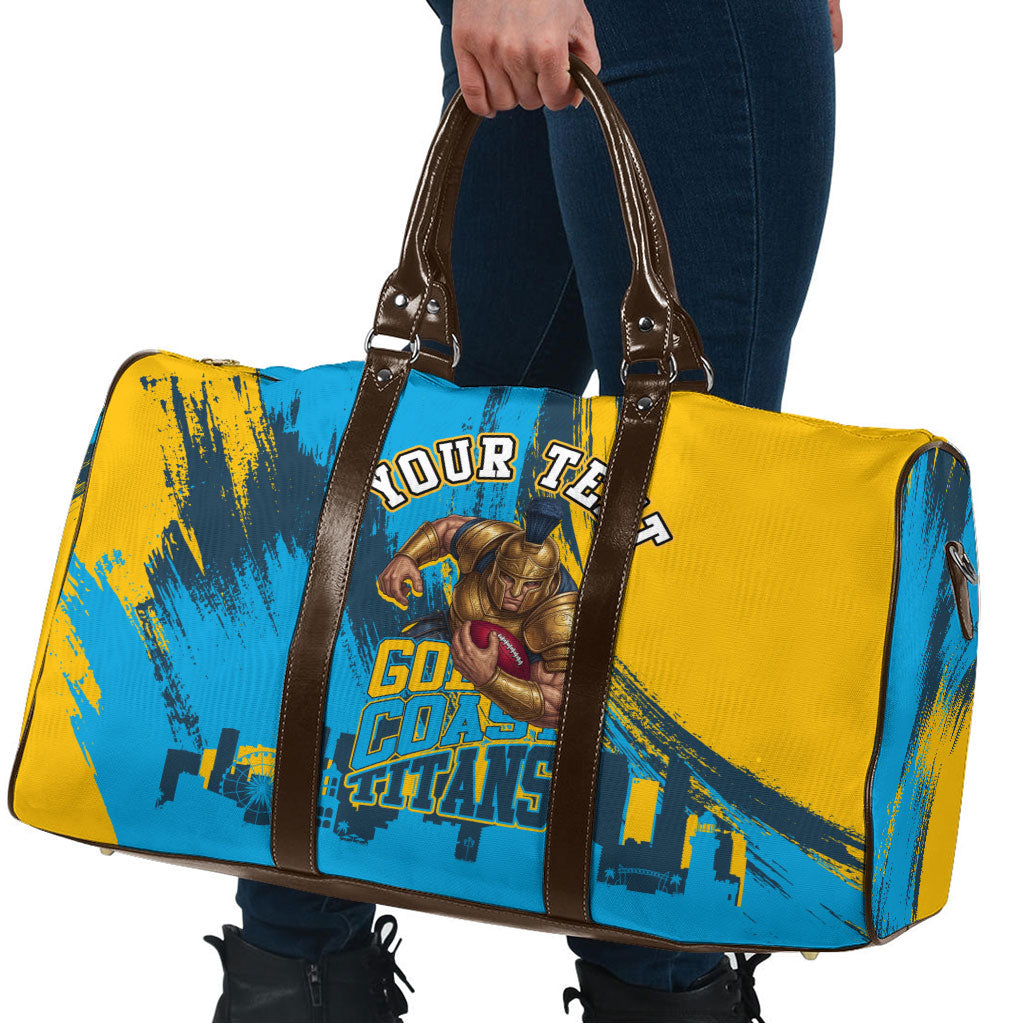 Personalised Gold Coast Titans Rugby Travel Bag Muscular Titan Mascot City Skyline Graphic