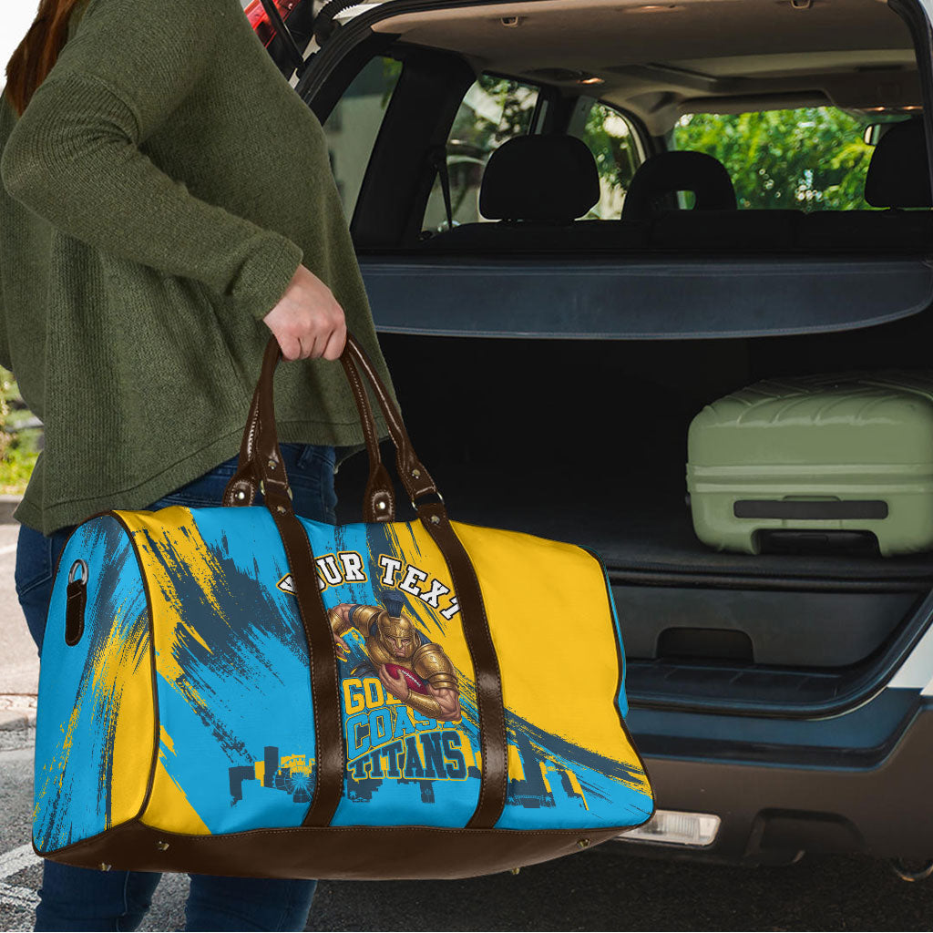 Personalised Gold Coast Titans Rugby Travel Bag Muscular Titan Mascot City Skyline Graphic