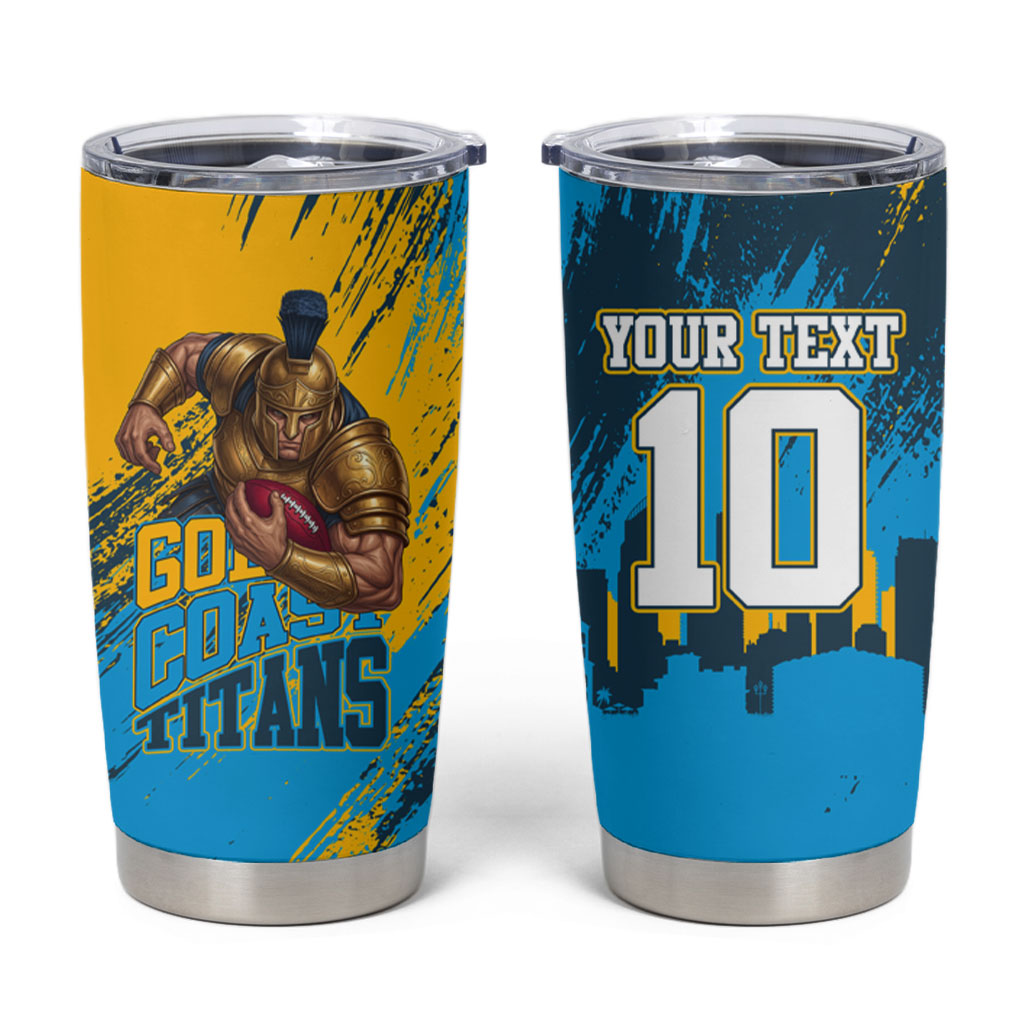 Personalised Gold Coast Titans Rugby Tumbler Cup Muscular Titan Mascot City Skyline Graphic