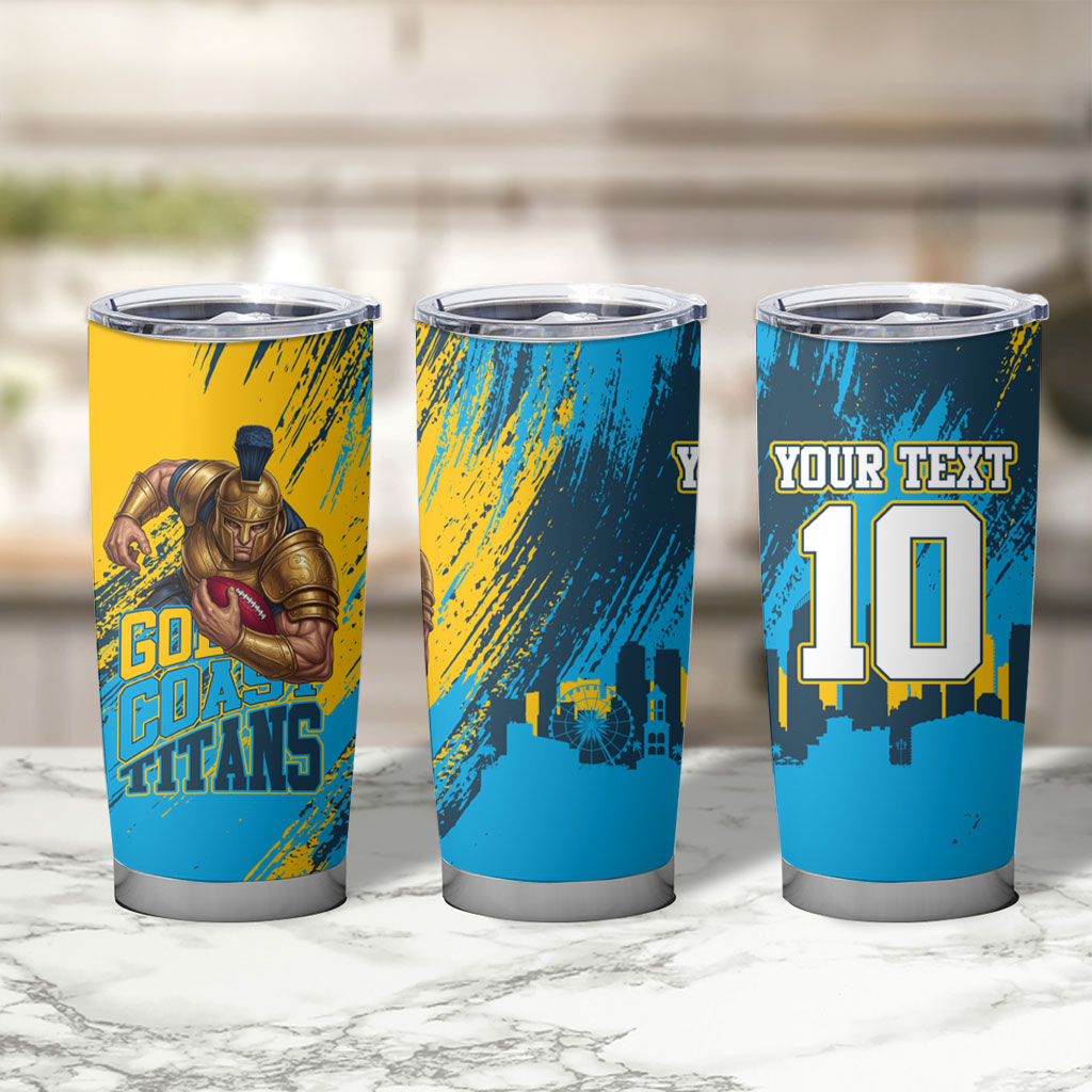 Personalised Gold Coast Titans Rugby Tumbler Cup Muscular Titan Mascot City Skyline Graphic