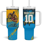Personalised Gold Coast Titans Rugby Tumbler With Handle Muscular Titan Mascot City Skyline Graphic