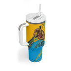 Personalised Gold Coast Titans Rugby Tumbler With Handle Muscular Titan Mascot City Skyline Graphic