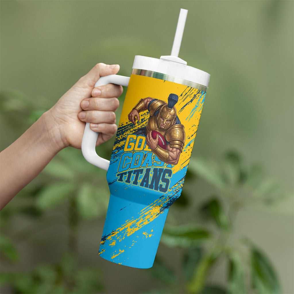 Personalised Gold Coast Titans Rugby Tumbler With Handle Muscular Titan Mascot City Skyline Graphic