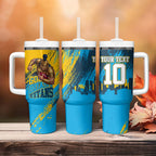 Personalised Gold Coast Titans Rugby Tumbler With Handle Muscular Titan Mascot City Skyline Graphic